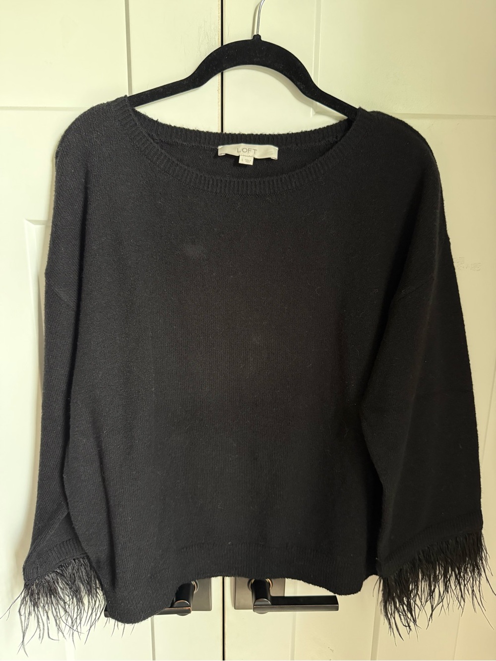 LOFT Black Crewneck Sweater with Feather-Trim Cuffs size L. Like new.
